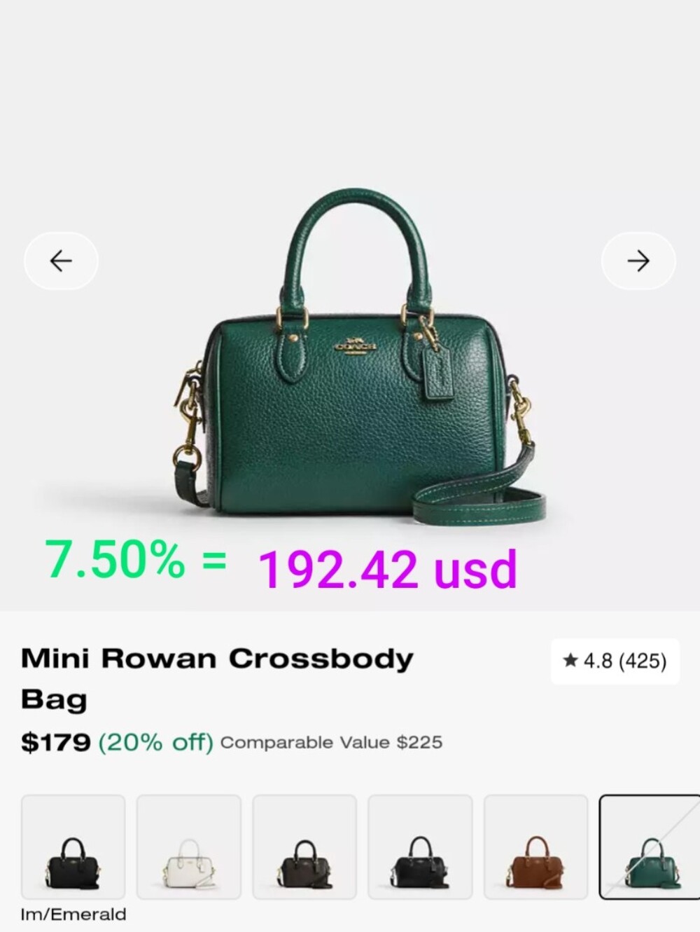 Coach Mini Rowan In Emerald Color - Picture 2 of 4